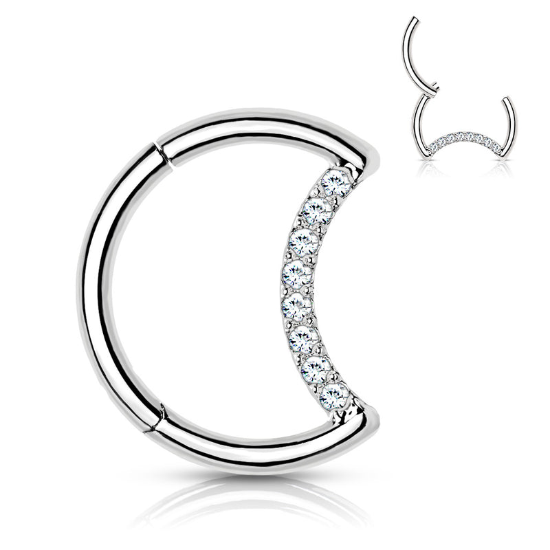 CZ Crescent Moon Hinged Titanium Ring SIlver